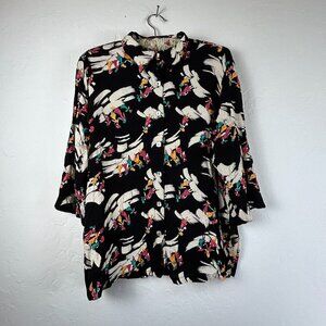 Loco Lindo Womens Blouse Size XL Black Button Up Shirt Art Deco Novelty Disco